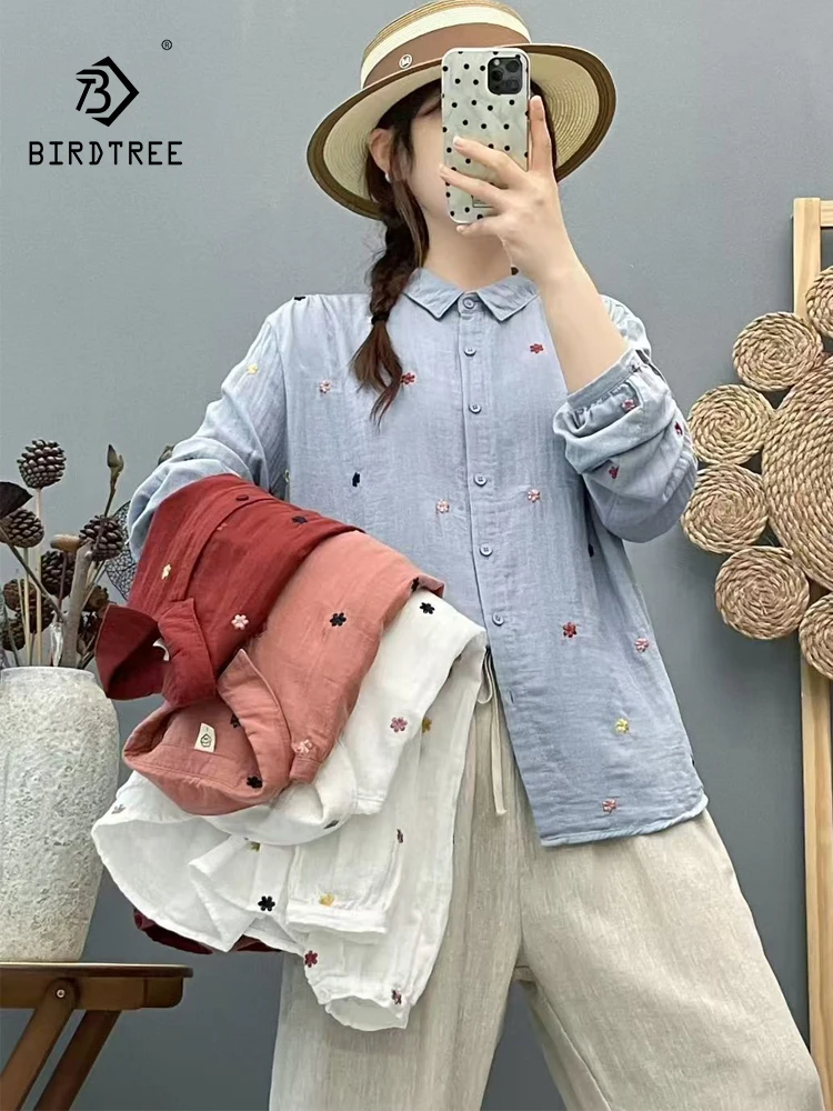 

New 2025 Autumn Cotton Yarn Long Sleeve Shirt, Women Turn-down Collar Embroidery, Mori Girl Fashion Sweet Loose Blouse T58947CC