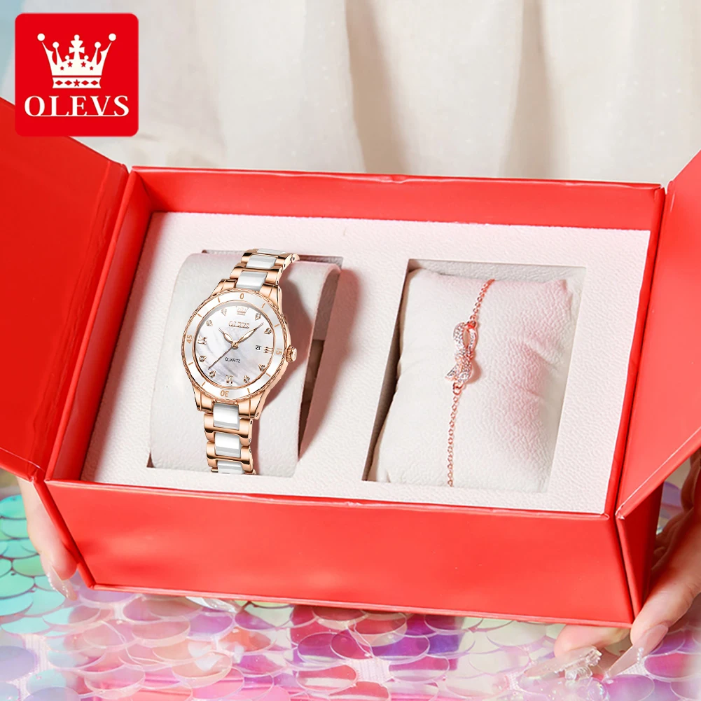 OLEVS 9985 Orologio da donna di lusso elegante cinturino in ceramica orologio da polso al quarzo impermeabile luminoso orologio da donna con data set regalo