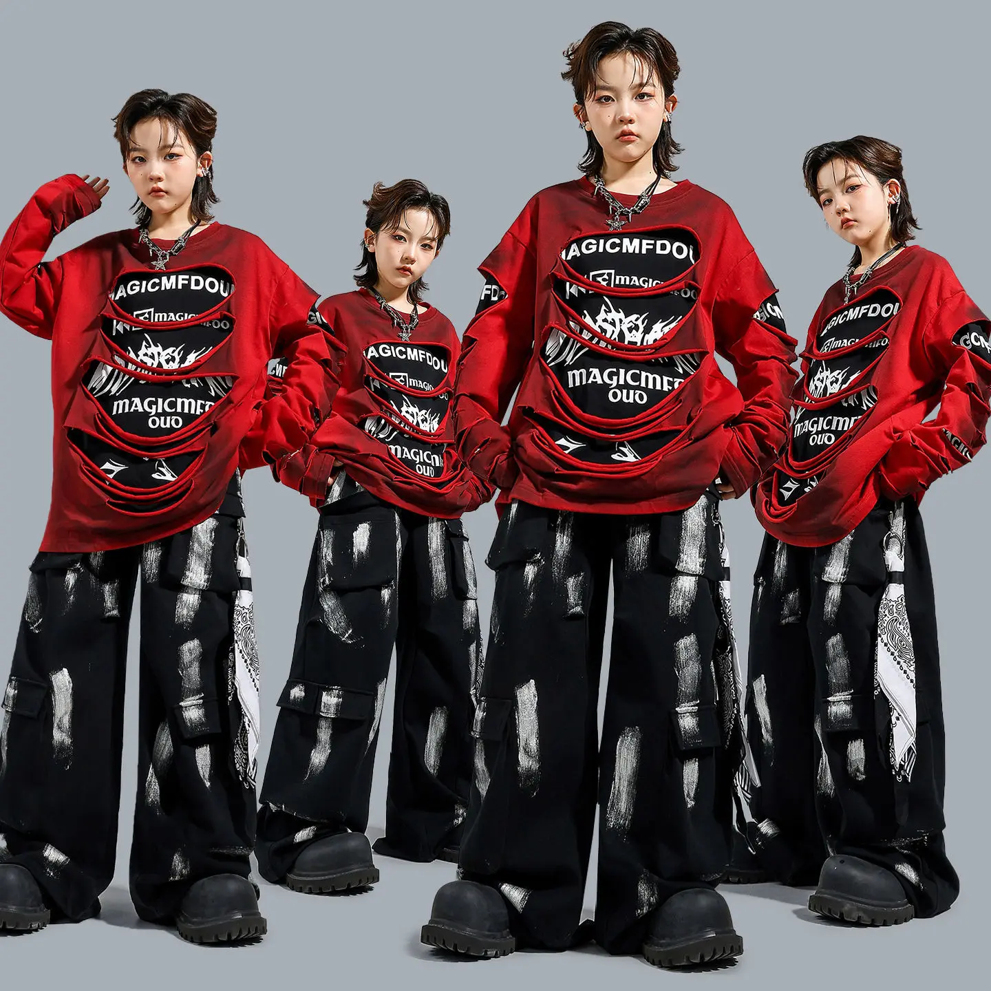 Sweat-shirt rétro Hip Hop pour garçons et filles, pantalon de danse de rue déchiré, ensembles de vêtements K-pop, Costumes de Jazz pour enfants et adolescents, Streetwear