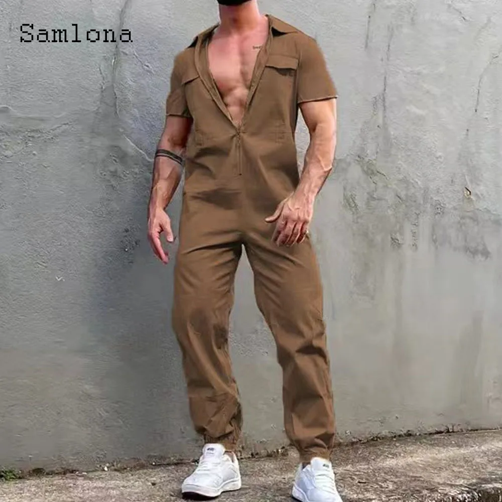 Pantaloni dritti moda uomo Set tuta da tasca con cerniera Sexy tuta da uomo manica corta Casual retrò tute da uomo tutina Cargo