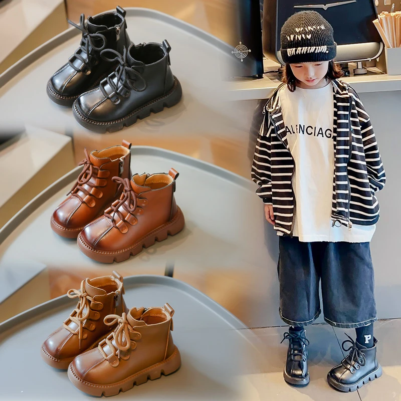 

2025 NEW Kids Winter Fashion Hot Sale New Lace-up Fashion Boots Round Head Zipper Outdoor Casual Walking Boots
