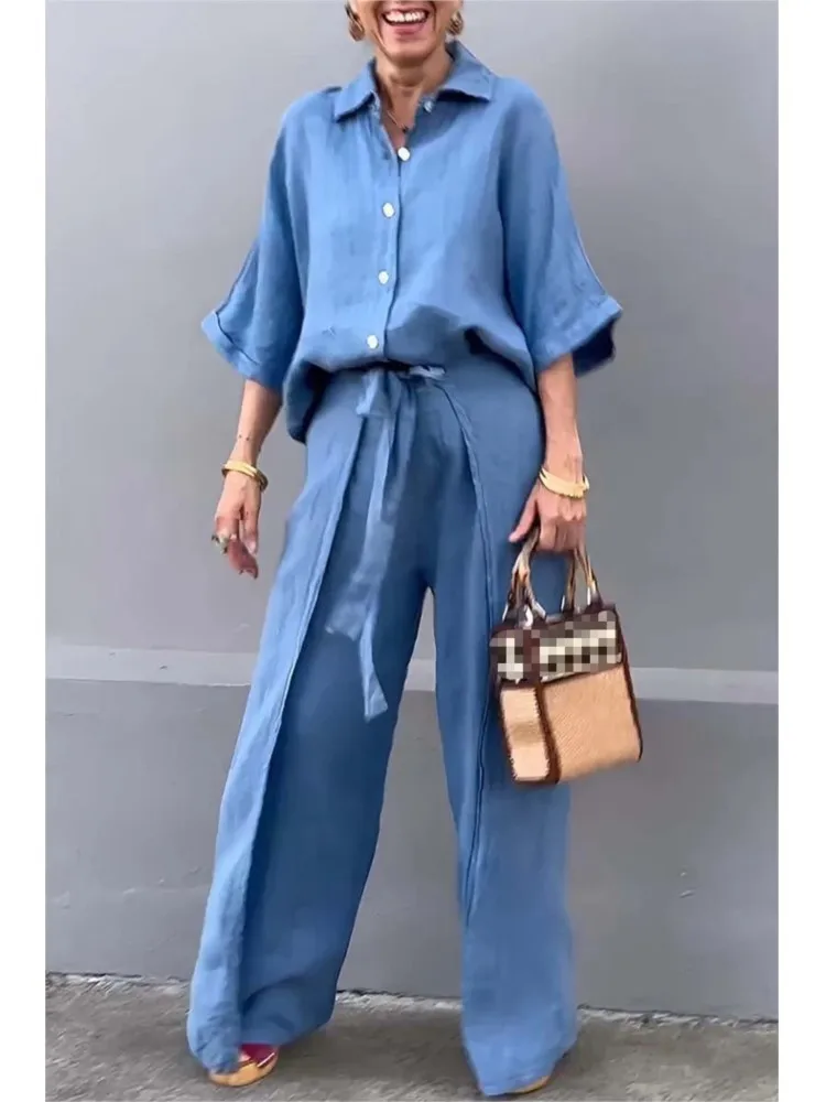 Elegant Office Ladies Suit Casual Solid Color Button Shirt Belt Wide Leg Slit Irregular Pants Sets 2 Piece Set Spring Autumn