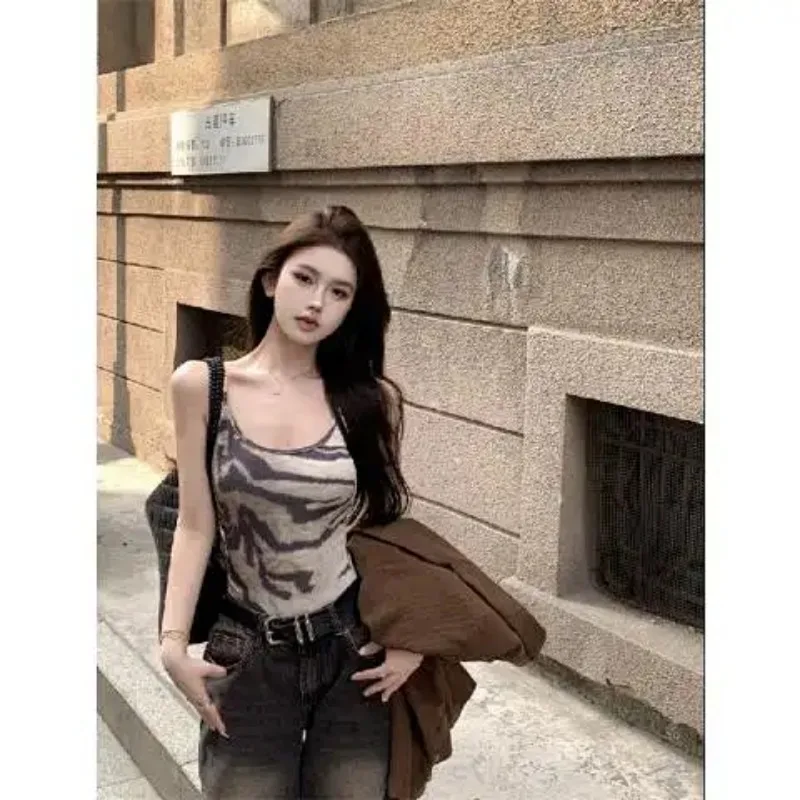 Women's Beige Tiger Print Long Sleeve Crop Top Square Neck Slim Fit T Shirt for Streetwear