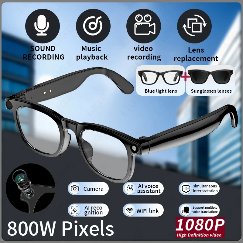 

8 MP Smart Glasses Recording Videos AI Photo Recognition Answer Translation 270mAh Anti Blue Light+Sunglasses Bluetooth Glasses