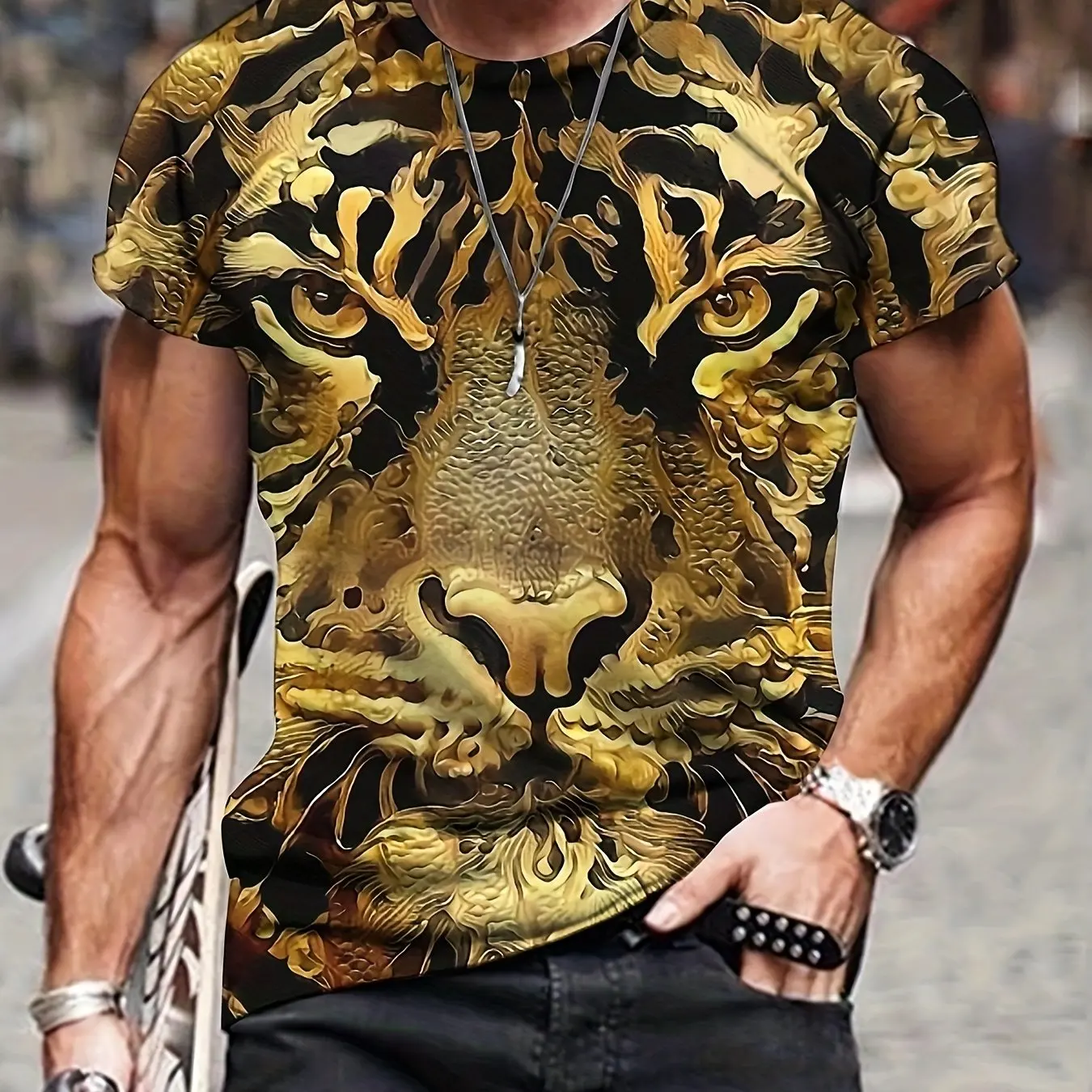 

Summer men's 3D lion and tiger pattern T-shirt, powerful and domineering, casual micro elastic breathable T-shirt