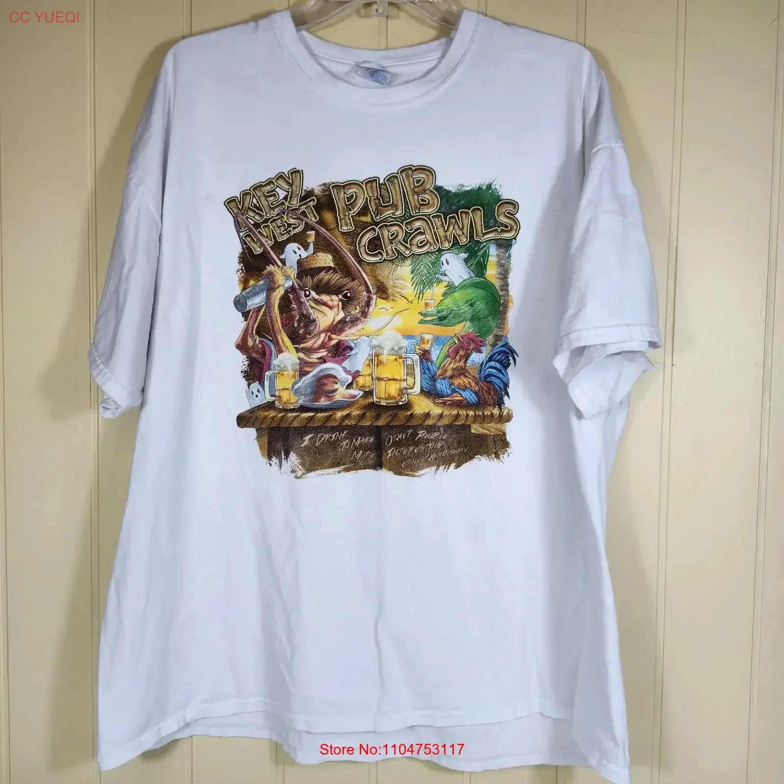 Vintage Key West Pub Crawls White T Shirt Men s 2XL 100 Cotton Ghost Beer vintage Washed Stretched Top For Everyday Wear