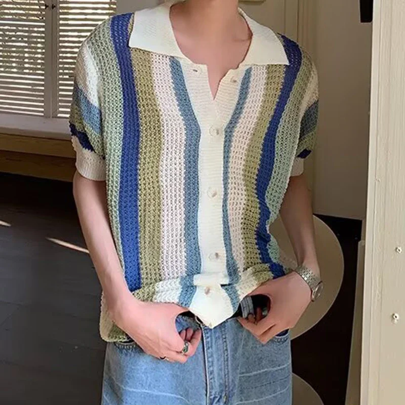 

Leisure Breathable Hollow Out Shirt for Men Summer Beach Casual Short Sleeve Knitted Shirts Mens Fashion Striped Knitting Tops