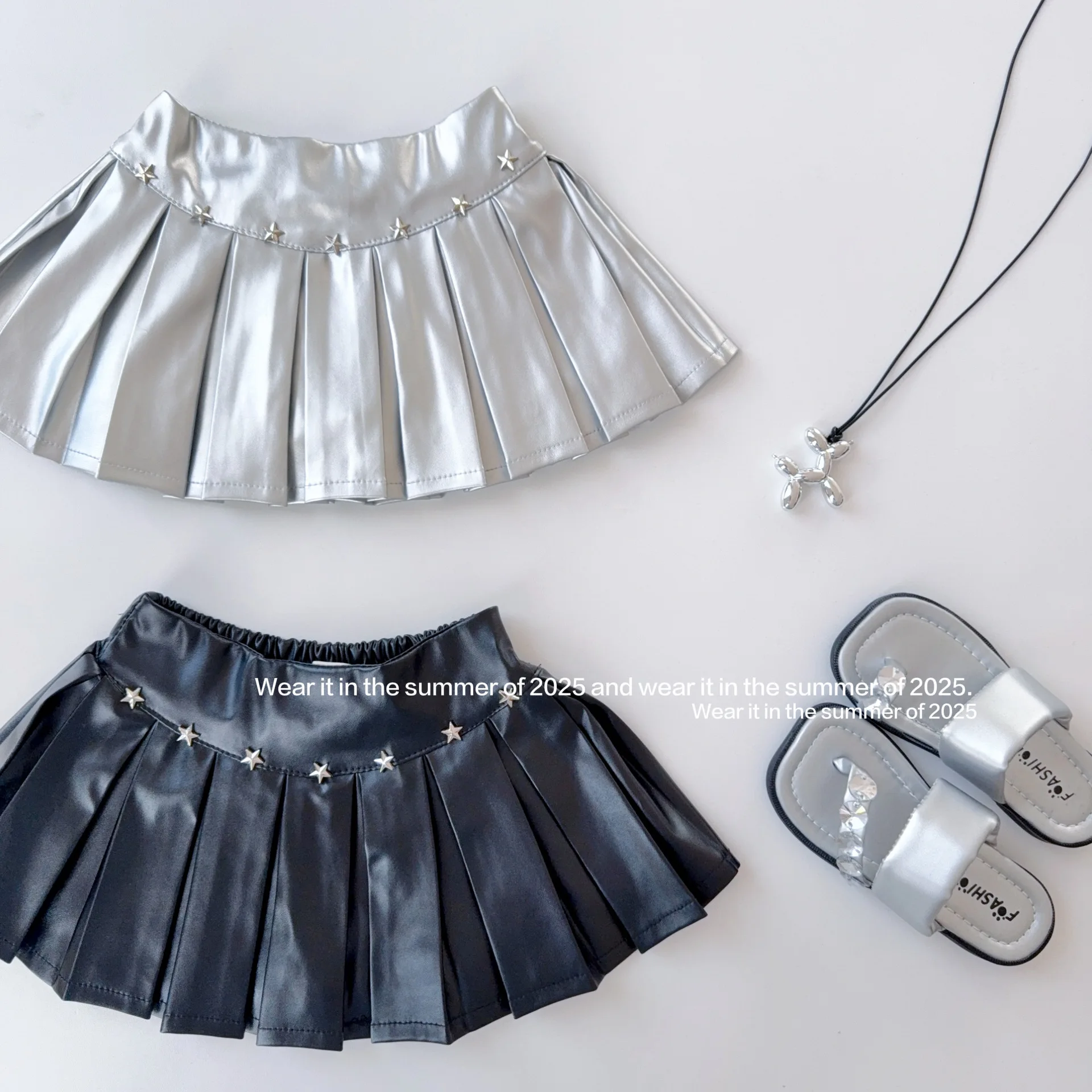 Girls Pu Silver Skirt Star Appliques High Waist A-line Pleated Mini Skirts 2-10Y Kids Summer All-match Outfit Soft Half Skirt