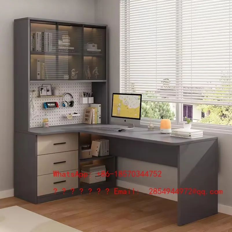 Home Bedroom Writing Study Desk Integrated Bookshelf L-Shaped Wooden Office Computer Desk with Drawers
