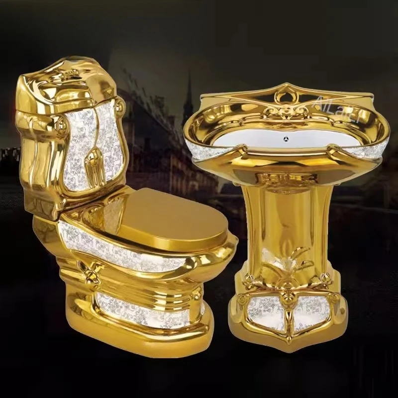 

European court golden toilet retro hotel colorful toilet relief split toilet, color gold creative toilet