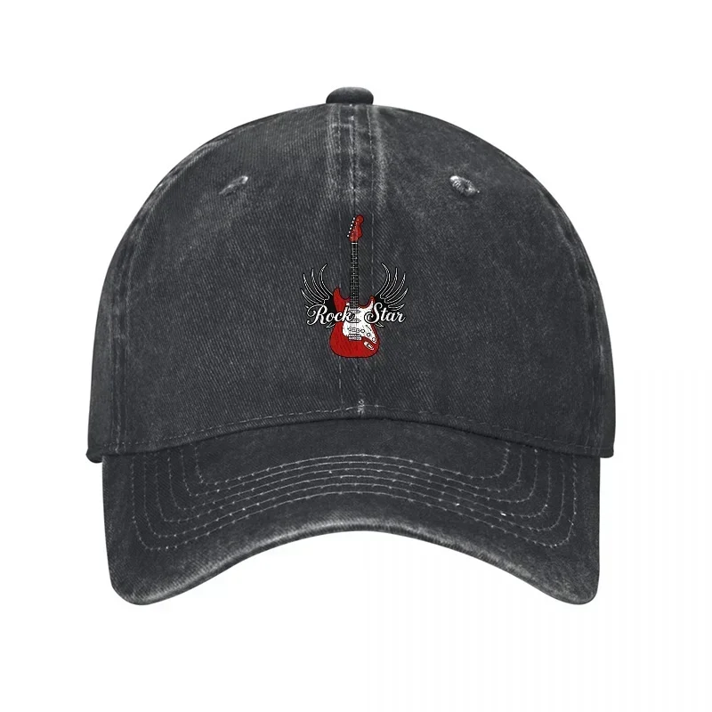 New Rock Star Guitar Embroidered Washed Canvas Baseball Cap with Vintage Design and Red Electric Guitar Logo for Music Lovers