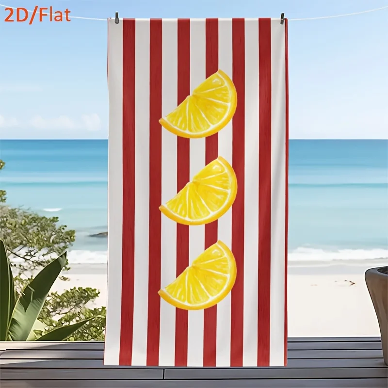 Summer Lemon Print Microfiber Beach Towel, Red White Striped Quick Drying Bath Towel Sandproof Large Pool Blanket for Sunbathing