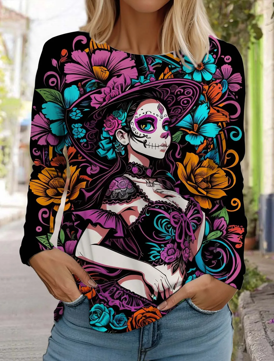 Fashion Sugar Skull Pattern Womens Long Sleeve Shirt Day of the Dead Shirts 3D Printed Tops Summer Gothic style Women's Clothing