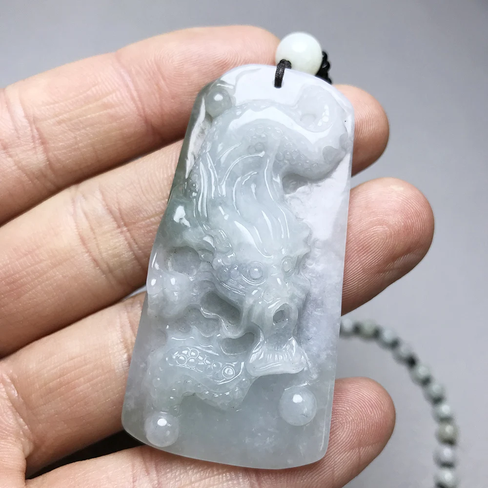 Natural Burma Jade Necklace Pendant Carved Dragon Amulet Healing Jewelry for Men Women