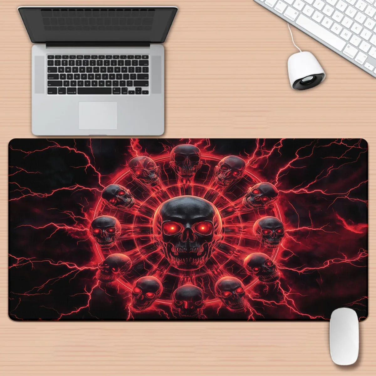 

Gothic Skull Pentagram Gaming Desk Mat Red Lightning Mouse Pad Large Rubber Keyboard Accessory for PC Setup