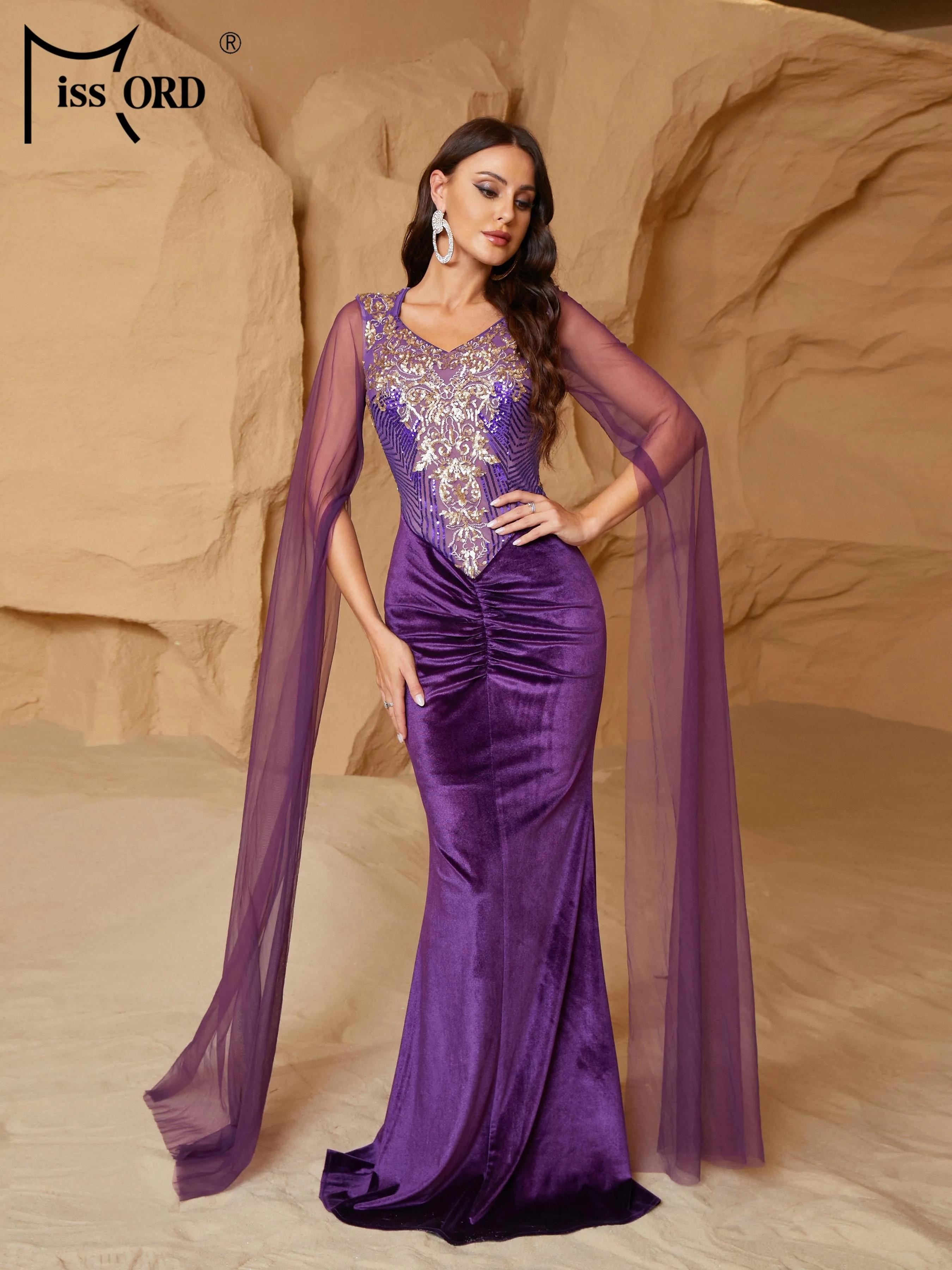 Missord Elegant Purple Print Sequin Velvet Dress Women Split Long Sleeve V Neck Bodycon Mermaid Party Evening Dresses Prom Gown