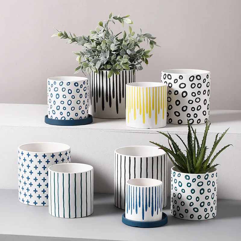 Modern Nordic Ceramic Flower Pot Living Room Interior Countertop Vase Simple Geometric Pattern Flower Plant Flower Pot Gardening