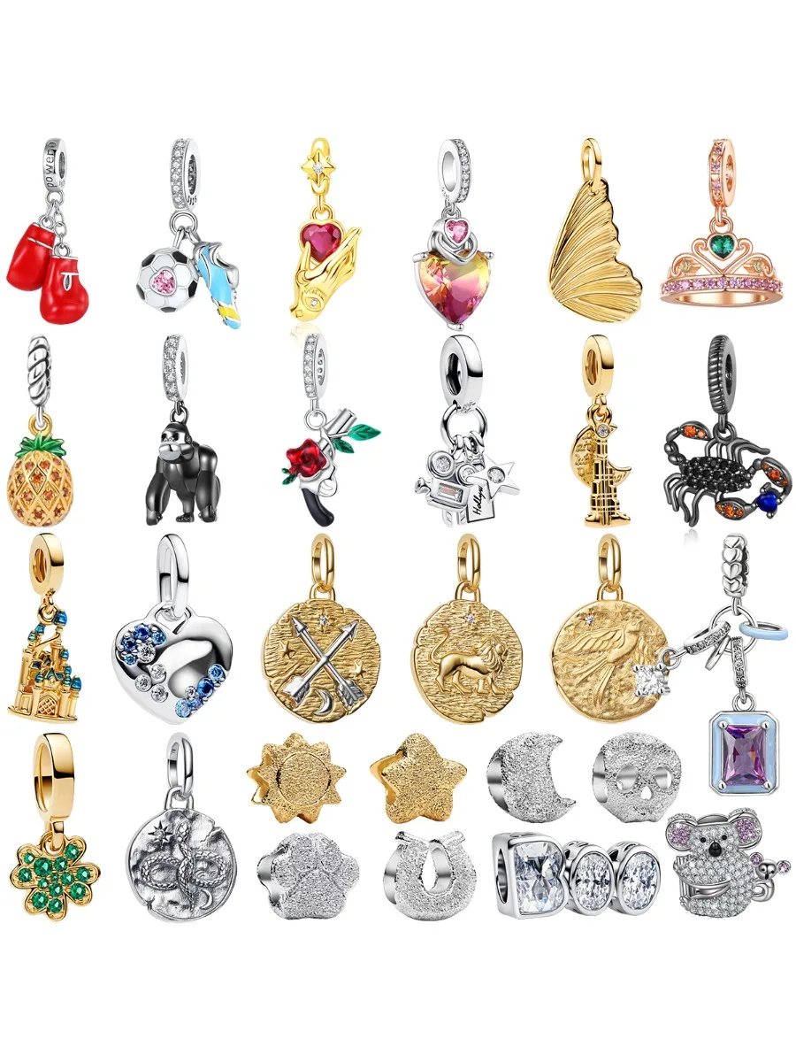 Srebro próby 925 Rękawice bokserskie Buty piłkarskie Ananas Korona z zawieszką Revolver Znak zodiaku Dysk Moneta Zawieszka Koralik DIY Biżuteria — 2