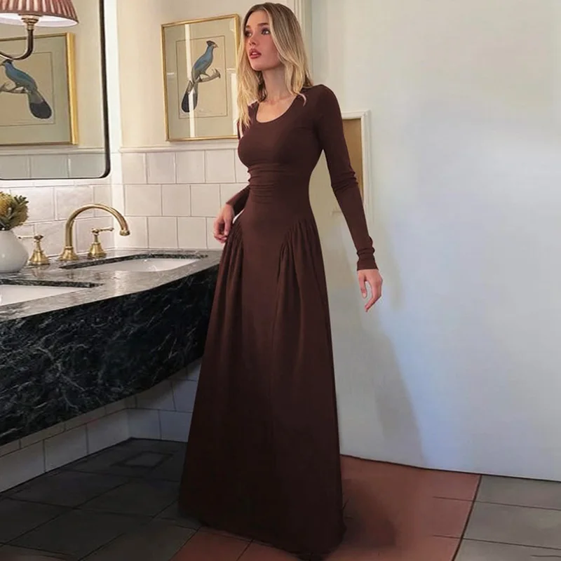 Ticketsx Ladies Elegant Square Neck Long Sleeve Slim Maxi Dress Autumn Ruched Patchwork Dress Fashion Party Evening Vestidos