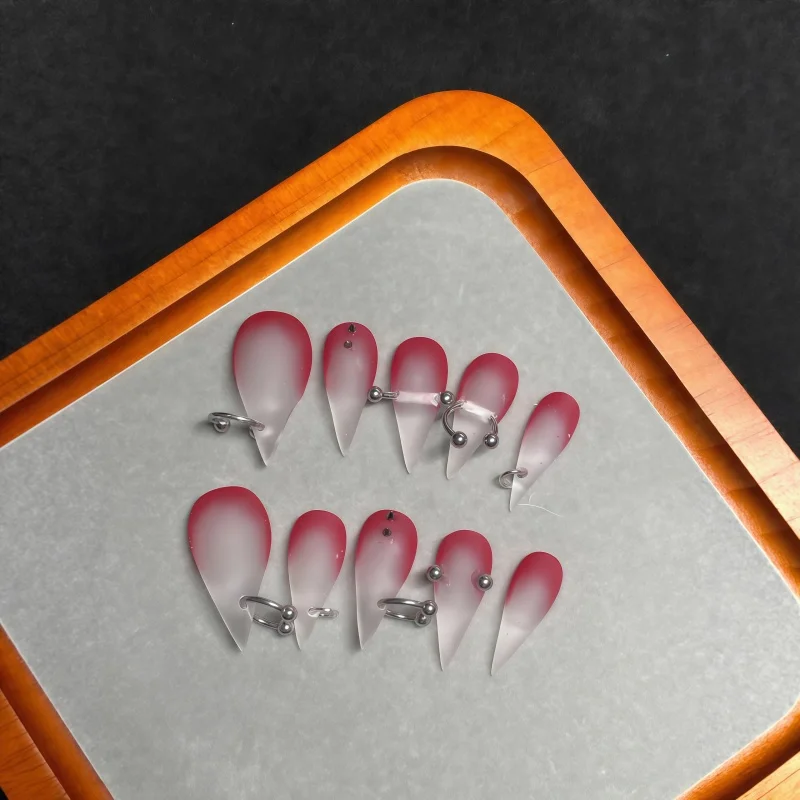 2026 New 10PCS Translucent matte wine-red fake nails detachable metal perforated manicure decorative long conical pointed fake