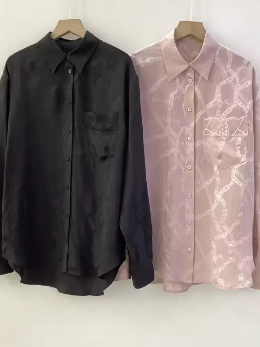 

Black or Pink Women's Silk Shirt Spring 2025 Chain Printed Lace Spliced Turn-down Collar Single Breasted Fashion Ladies Blouse