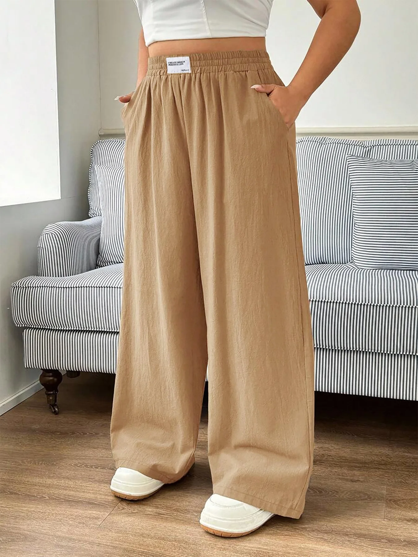 

Ladies plus Size Solid Color Casual Elegant Wide Leg Straight Long Pants
