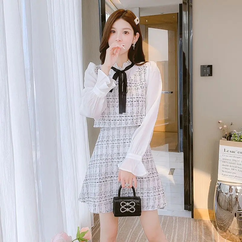 Women Spring Autumn Tweed Fake 2 Piece Mini Dress Korean Preppy Style Lady Graceful Bowknot Patchwork Dresses New Clothes Female