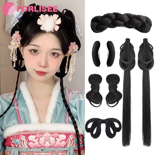 Imagen 2 del producto Paquete de pelo sintético Hanfu, peinado con nudo de estilo antiguo, disfraz antiguo integrado, extensión de cabello con nudo de mariposa, Paddin de la dinastía Ming