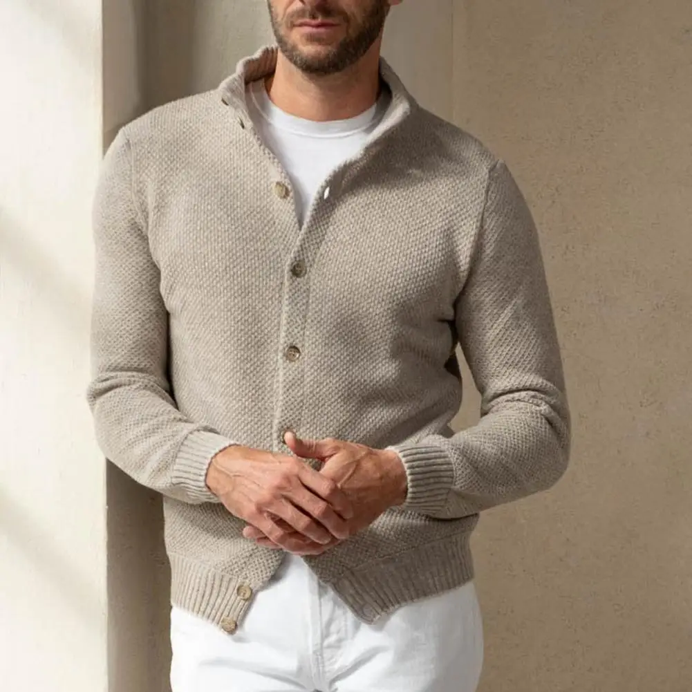 Cárdigan de punto para hombre, suéter con cuello levantado, botones de un solo pecho, sólido, Otoño e Invierno