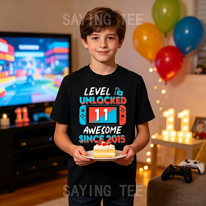 11 Years Old Clothes 11th Birthday Sons Gifts Gamer T-Shirt Level 11 Unlocked Awesome Since 2015 Gaming Controller Saying Tee