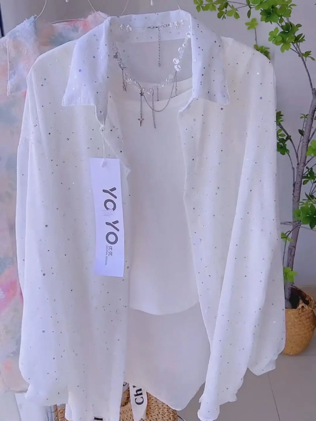 Summer 2024 Women's  Collar Thin Sun Protection irt Loose Casual Glitter Top Cardigan Outerwear Korean Sle Polyester