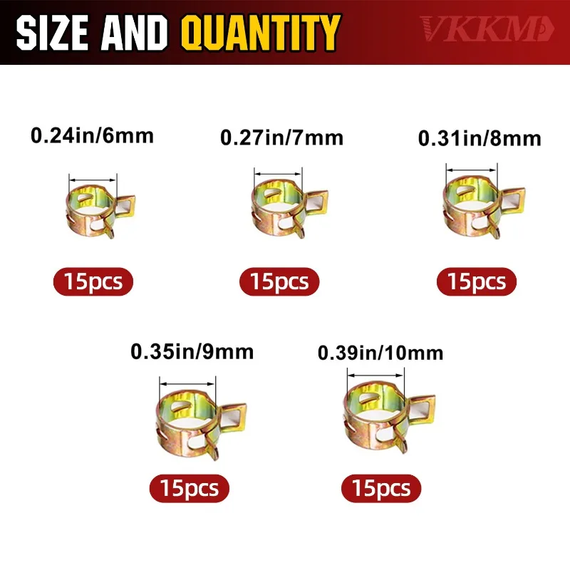 VKKM Kit assortimento fascette stringitubo con molla in acciaio legato da 75 pezzi – Durevole, a prova di perdite, multi-dimensioni per uso automobilistico e industriale