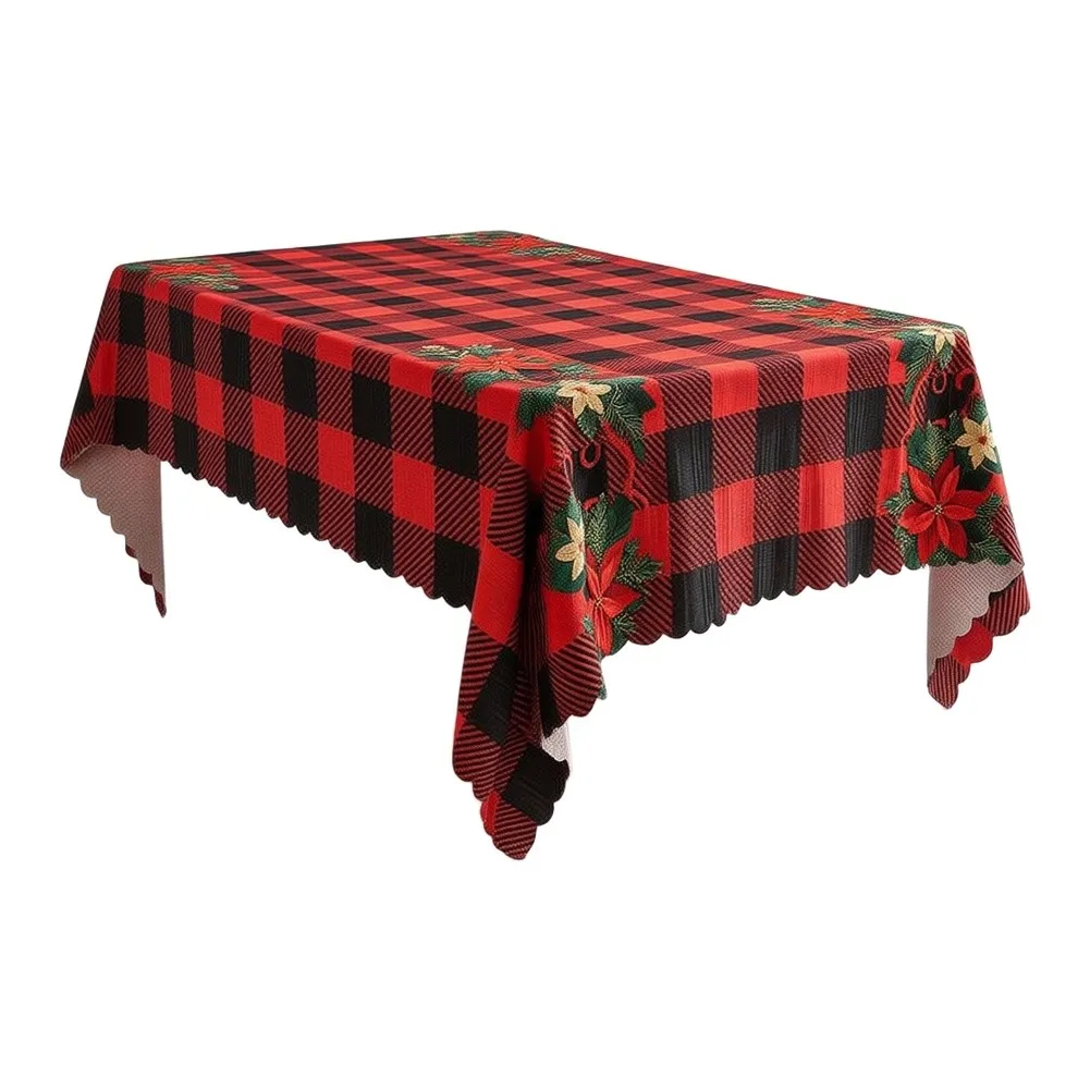 Christmas Tablecloth Polyester 140x220cm Classic Plaid Print Soft Fabric Scalloped Edge for Festive Table Setting