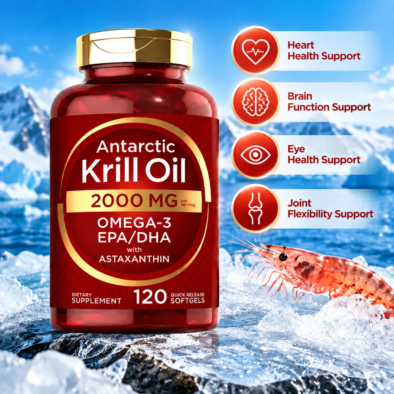 Antarctic Krill Oil Supplement 2000mg with Omega-3 EPA, DHA & Astaxanthin, 120 Softgels, Non-GMO and Gluten Free
