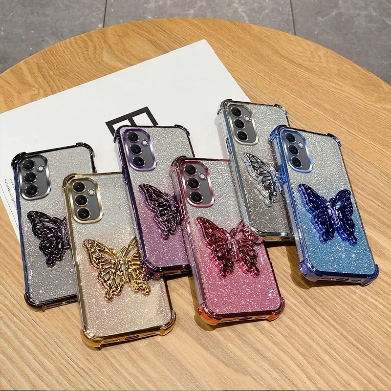 For Samsung Galaxy A14 4G 5G Phone Case Gold Sparkling Sticker Butterfly Holder Anti Drop Protection Cover For Samsung A14 Coque