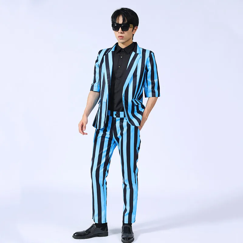 Korean Style Men Blue Black Stripes Suit Casual Slim Fit Blazer Pantsuit Bar Singer Stage Hairdresser Nightclub Stage 2PCS Set