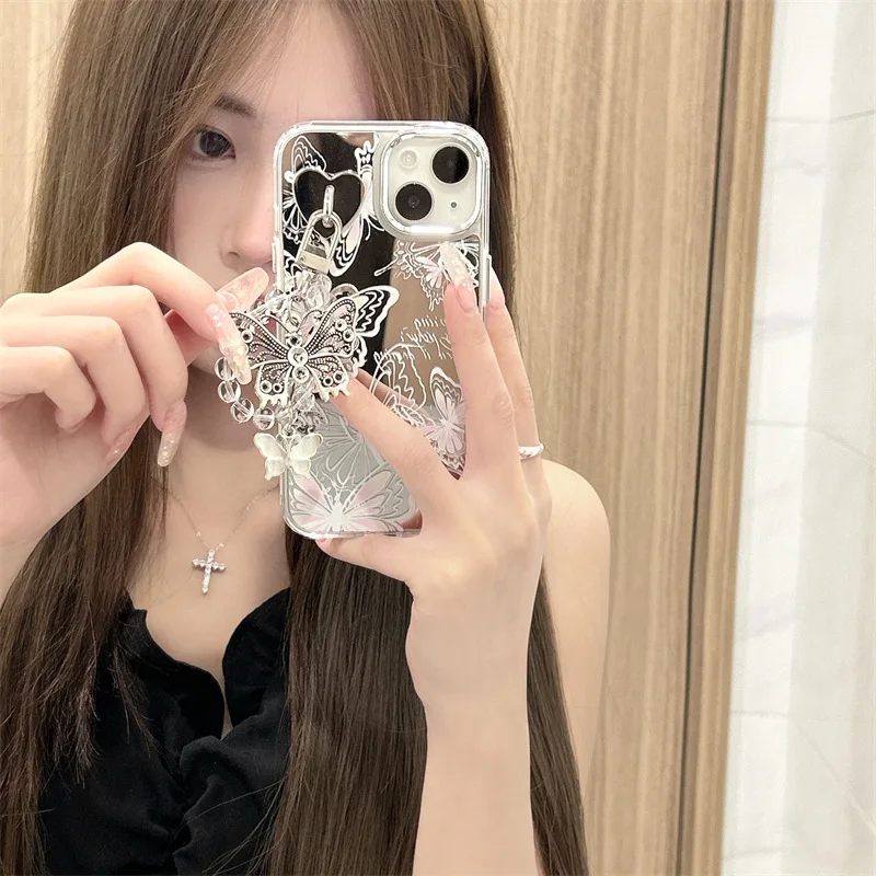 Butterfly Mirror Hanging Phone Case  for IPhone 15 11 13 12 14 Pro Max X XS XR 7 8 Plus SE 2020 Plating Soft Protective Cover