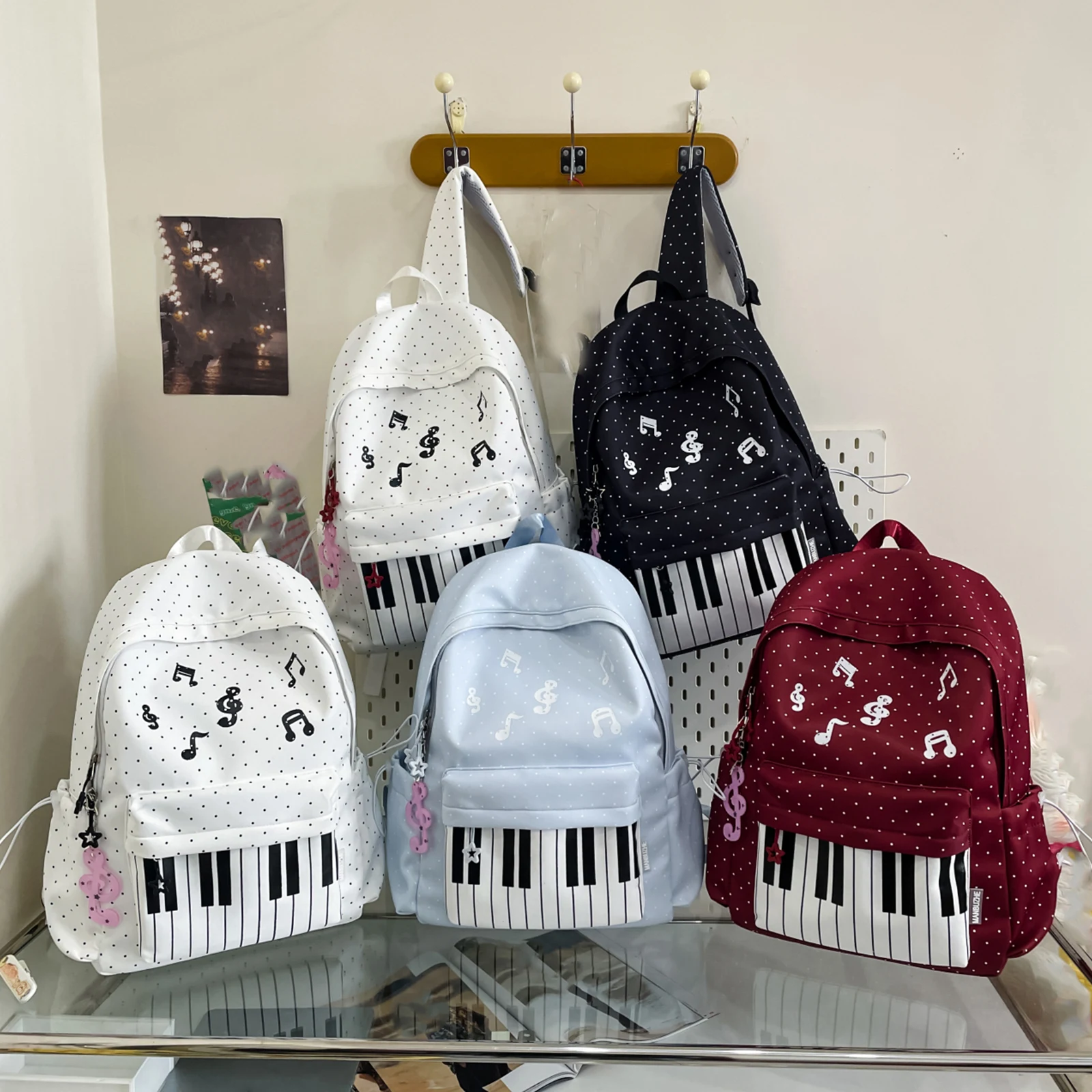 Piano-Themed Backpack Casual Piano Pattern Daypack Trendy Preppy Rucksack Polka Dots  Bookbags For College Students