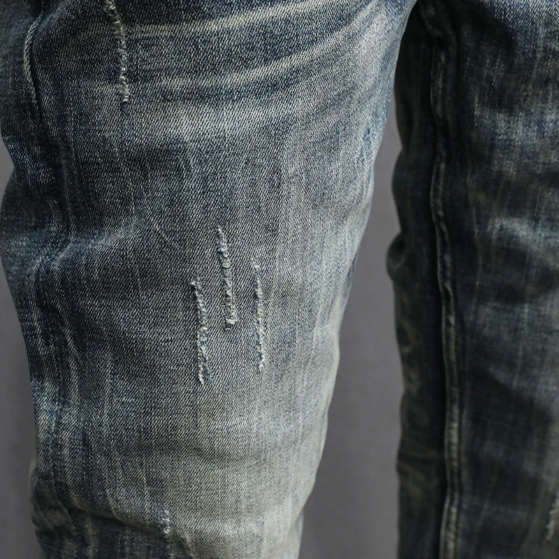 Italian Style Fashion Men Jeans High Quality Stretch Slim Fit Ripped Jeans Men Retro Washed Blue Vintage Designer Denim Pants
