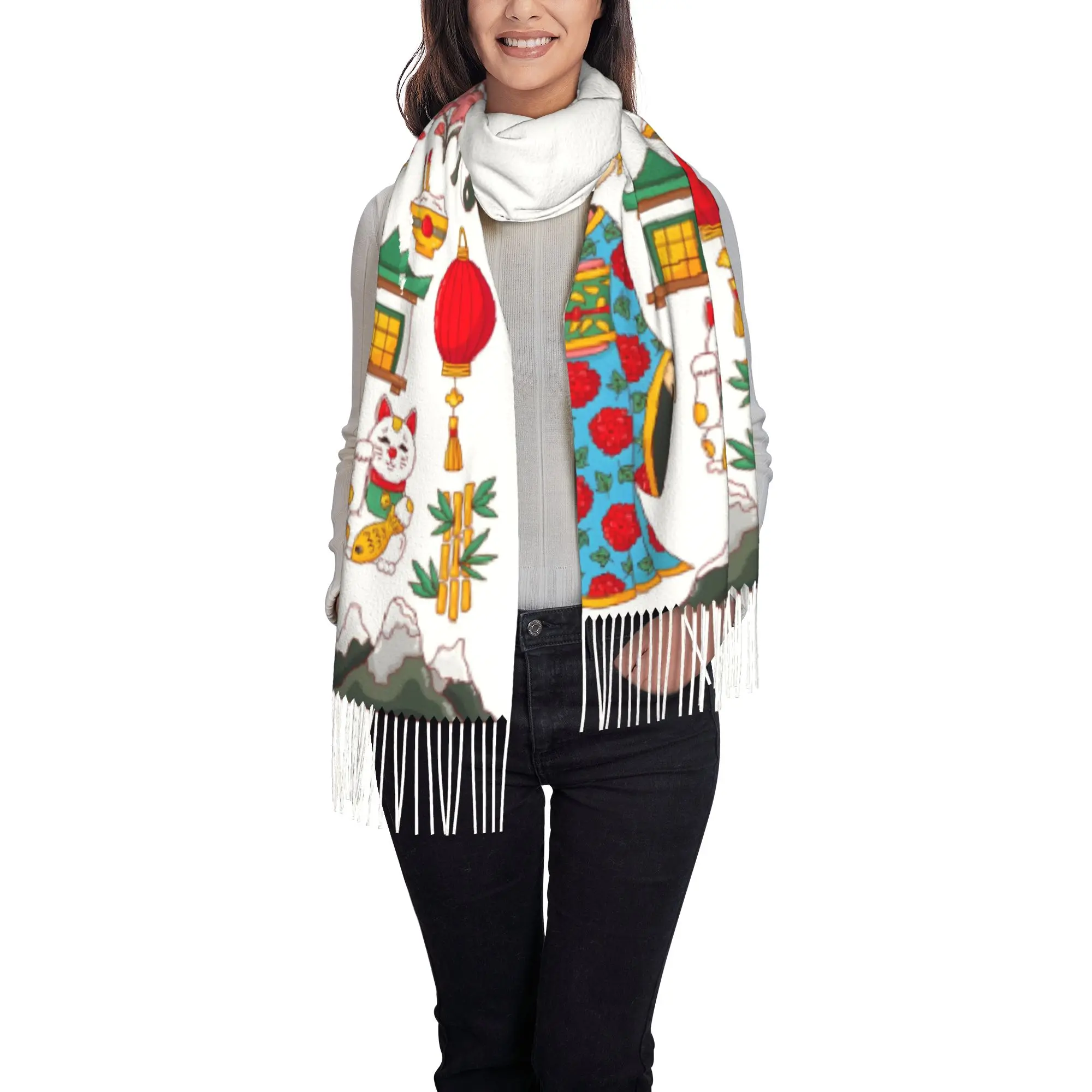 Custom Printed Japanese Geisha Kimono Koi Oriental  Scarf  Men Women Winter Warm Scarves  Shawls Wraps