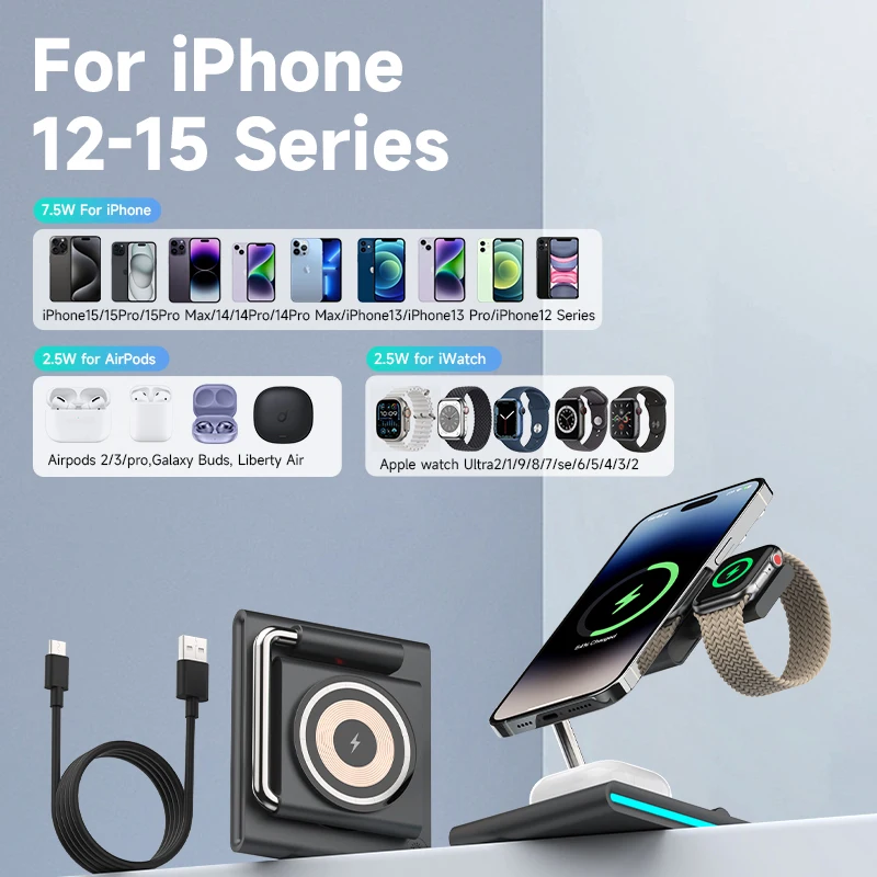 Беспроводное зарядное устройство Magsafe с быстрым портативным беспроводным зарядным устройством 3 в 1 RGB для iPhone 16/15/14/13/12 iWatch S1-9/Ultra AirPods