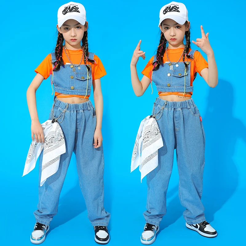 Manga comprida feminina Denim Jazz, Roupa de Performance, Roupas Modernas de Street Dance, Roupa Infantil Rave, Hip Hop, BL7230