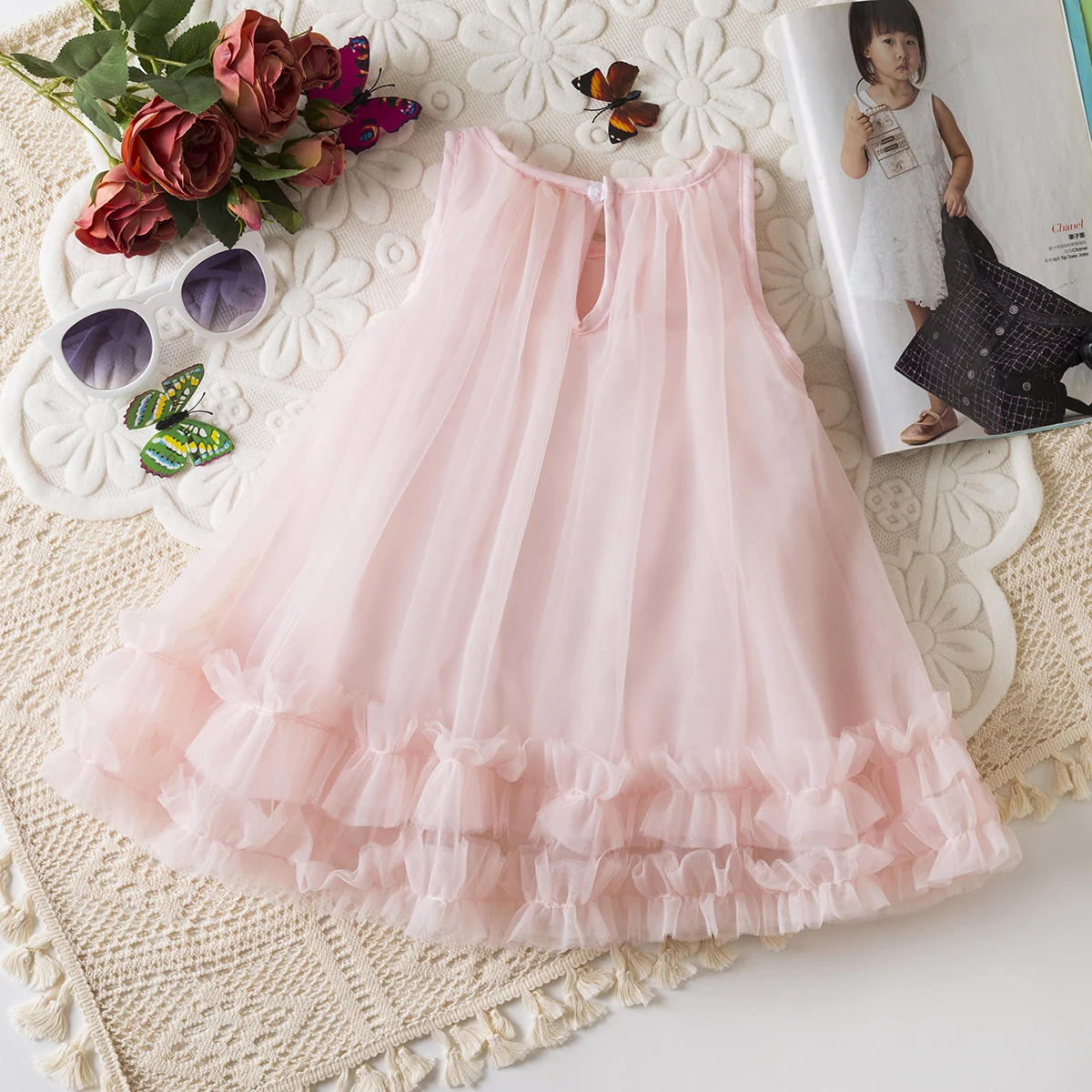 Toddler Girl Princess Dress Pink Flower Decorated Sleeveless Gauze Dress Elegant Girl Wedding Party Dress for Party