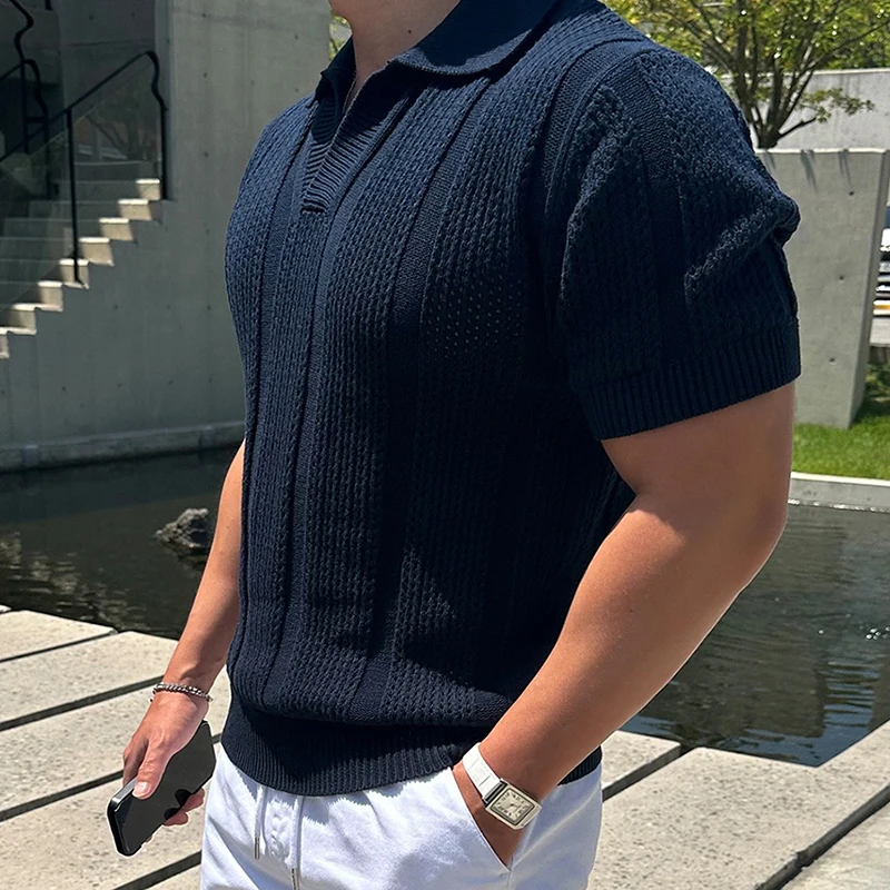 2025 Spring Summer Casual Mens Mesh Polo Shirts Slim Fit Knitted Short Sleeve Polo Tops Men Vintage Lapel Solid Color Pullovers