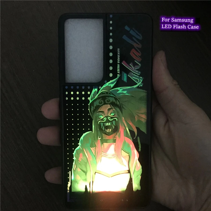 Akali League Girl Anime LED Case For Samsung Galaxy A51 A71 A21s A72 S21 S22 S20 FE Note 20 Ultra S10 Glass Flash Cover Fundas