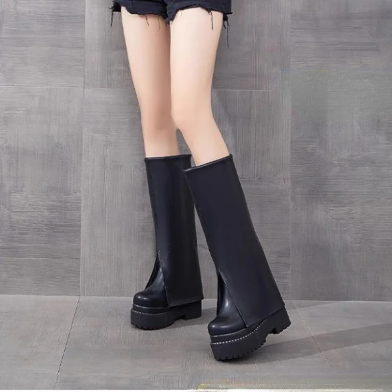 Fujin 12cm Genuine Leather Knee High Ankle Platform Women Autumn Spring Slip on Fashion Punk Motorcycle Chelsea Booties Shoes