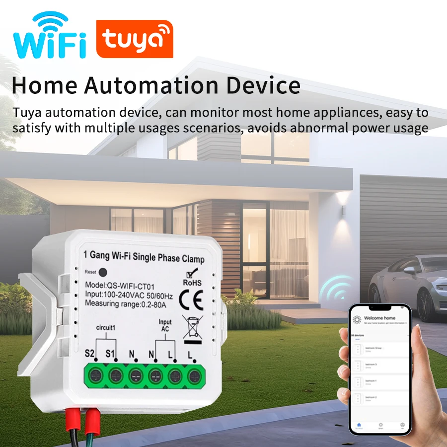 Tuya WiFi Smart Energy Meter 1CH 2CH 80A Current Transformer Clamp for Solar PV System Power Production Consumption Monitori