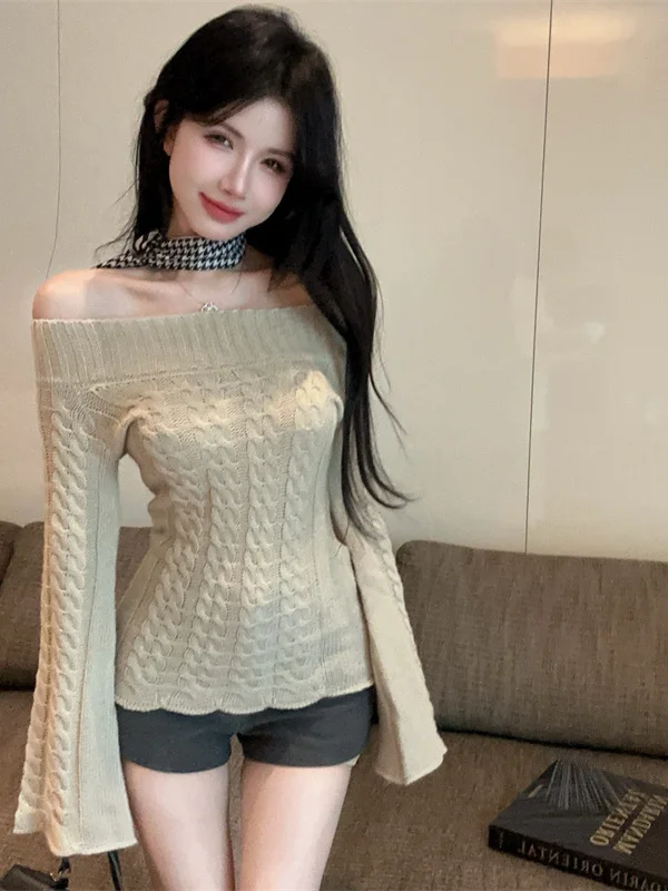 

Women's Long Sve Knitted Sweater One-oulder Slim Fit Autumn New Sle High-End Twist Flower Design Faionable Top