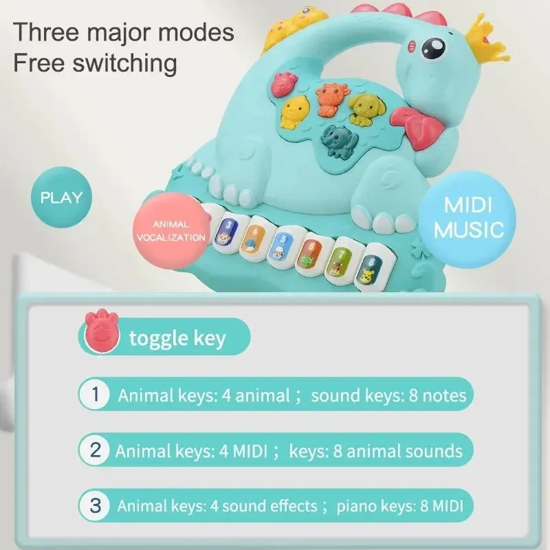 아기 공룡 피아노 장난감, 공룡 피아노 키보드 소리로 빛나는, 음악 장난감 유아 교육 유아 장난감 유아를위한 선물