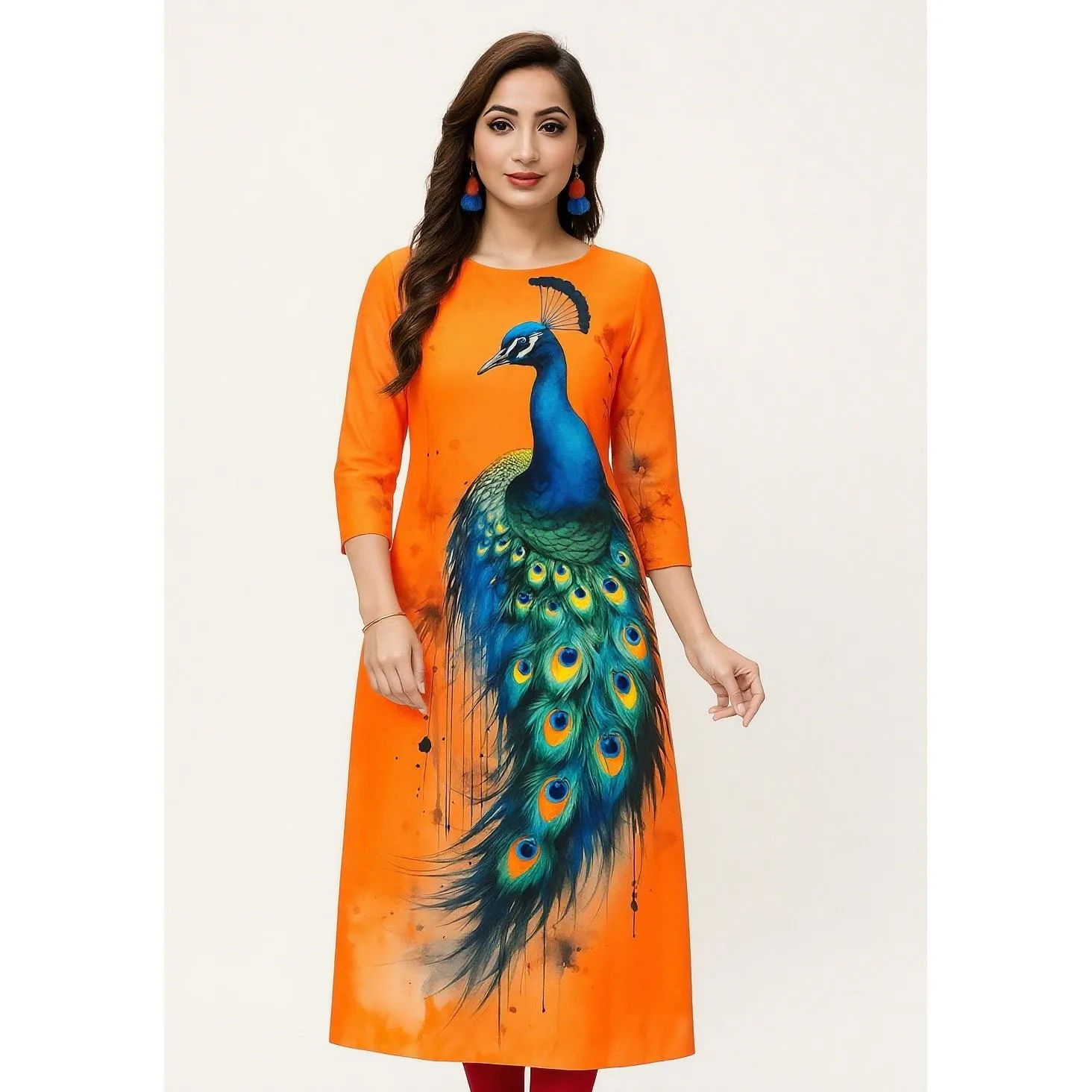 Muslim Dress Kurt Fashionable Elegant National Style Straight Tube Casual Slit Hem Elephant Peacock Pattern Women Dress Abaya